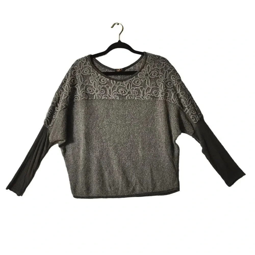 LOLA V-Neck Pullover Sweater Women Size Large Gray Long Sleeve Soft